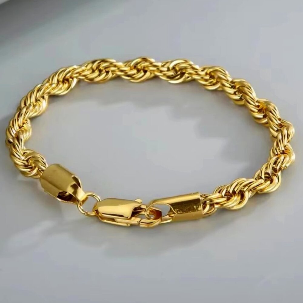 ⭐ Beautiful New 7.75" Diamond Cut Rope Bracelet 4mm Wide 18K Gold ⭐ - Picture 2 of 4